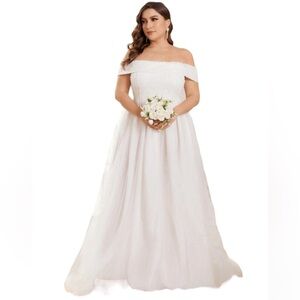 White Off Shoulder Short Sleeve Bridal Gown
